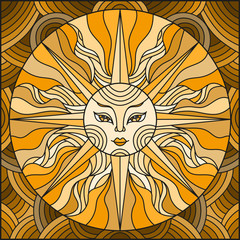 Illustration in the style of a stained glass window abstract sun,brown tone,sepia