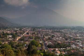 Aerial view of Antigua, Guatemala. Agua volcano in the background.