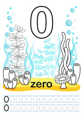 Coloring printable worksheet for kindergarten and preschool. We train to write numbers. Math exercises. Bright figures on a marine background. Number 0 and marine plants