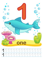 Printable worksheet for kindergarten and preschool. We train to write numbers. Math exercises. Bright figures on a marine background with cute marine life. Number 1 and shark