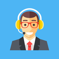 Call center worker. Customer service operator, manager, agent, technician. Smiling happy man with headset. Vector icon