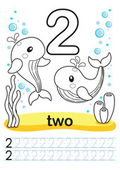 Coloring printable worksheet for kindergarten and preschool. We train to write numbers. Math exercises. Bright figures on a marine background with cute marine life. Number 2 and whales