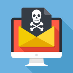 Computer and envelope with black document and skull icon. Virus, phishing scam, malware, ransomware, email fraud, e-mail spam, hacker attack concepts. Long shadow flat design vector illustration