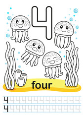 Coloring printable worksheet for kindergarten and preschool. We train to write numbers. Math exercises. Bright figures on a marine background. Number 4 and jellyfishes