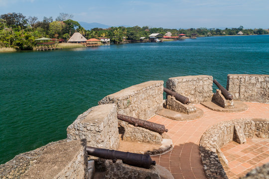 Cannons at the Castillo de San Felipe, Spanish colonial fort at the entrance to Lake Izabal in eastern Guatemala