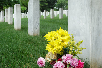 Headstones and flowers in Arlington National Cemetery - Circa Washington DC, United States of America