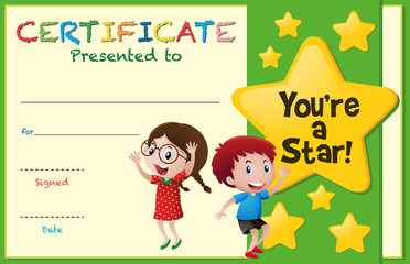 Certificate template with kids and stars