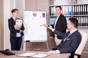 Boss pointing at the mistake on the flip chart at a meeting in office. Boss and his colleagues