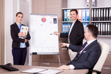 Boss pointing at the mistake on the flip chart at a meeting in office. Boss and his colleagues