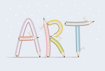 Art. Funny text consisting of pencils on blue background. Colored letters with wings. Vector illustration.