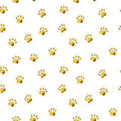 Seamless pattern with gold paw isolated on white background.