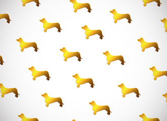 Horizontal card. Pattern with cute cartoon gold dog silhouettes. Breed dachshund.