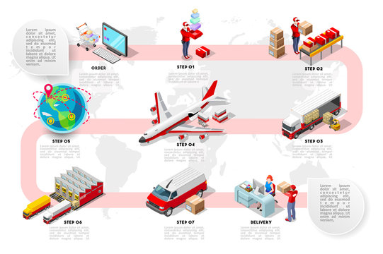International trade logistics network infographic vector illustration with isometric vehicles for cargo transport. Flat 3D Sea freight, road freight and air freight shipping on-time delivery