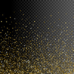 Sparkle greeting card background design. Glitter gold decoration on transparent. Golden shiny particles for celebration christmas or new year. Holiday festive confetti