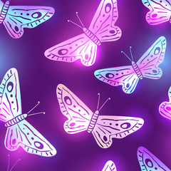 Elegant dark violet seamless pattern with neon shining butterflies. Summer night background with white, pink and blue fluorescent moths. Textile, clothing, phone case, t-shirt, product package design