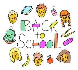 Back to school linear lettering. Happy smiling kids and studying objects (juice, banana, apple, stationery, pen, notebook, pencil box, backpack). 80s/90s style funny cartoon style children characters.
