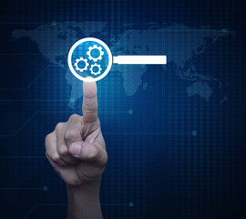 Hand pressing seo flat icon over digital world map technology style, Search engine optimization concept, Elements of this image furnished by NASA