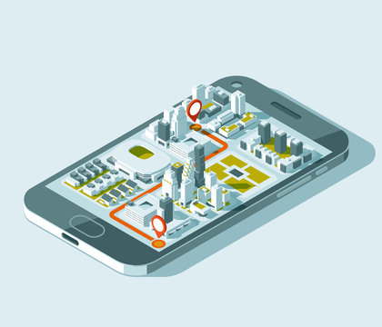 City isometric plan with road and buildings on smart phone. Map on mobile application. 3d vector illustration.