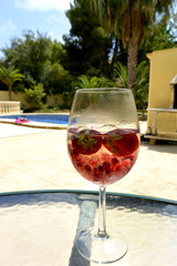 Gin tonic cocktail with strawberries and pomegranate at the swimming pool.. nice and cool with ice