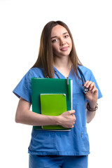 Attractive young doctor in blue uniform with stethoscope isolated on white background
