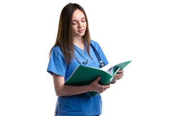 portrait of beautiful female doctor with a folder and stethoscope isolated on white background