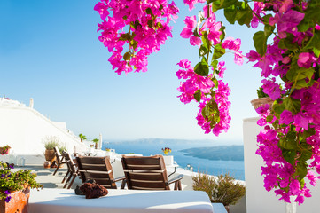 Beautiful terrace with flowers, sea view. Santorini island, Greece.