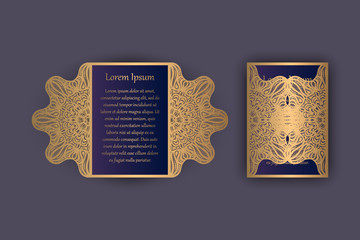 Wedding invitation or greeting card with vintage lace ornament. Mock-up for laser cutting. Vector illustration.
