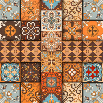 Seamless pattern with portuguese tiles in talavera style. Azulejo, moroccan, mexican ornaments.