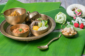 Northern Thai food with banana leaf background