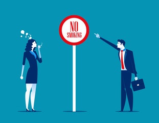 Bad woman office worker smoking near sign no smoke. Concept business vector illustration.