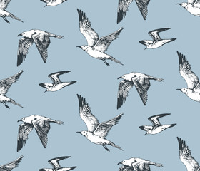 hand drawn seamless pattern with seagull flying and sitting sea birds. beach vintage theme