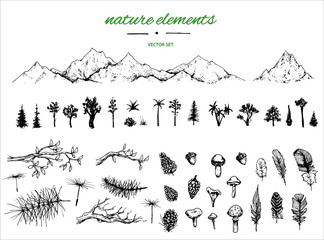 hand drawn grafic set with nature and forest elements: mountains, trees, moushroom, foliage, plumes