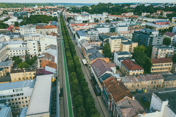 Fototapeta na wymiar Kaunas city center and Freedom Avenue (Laisves aleja), summer time, drone aerial view