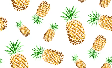 Behang Ananas hand getekend gekleurd naadloos patroon met zomerfruit: banaan, sinaasappel, watermeloen, ananas