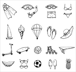 hand drawn vector set of icon on summer theme: beach, sea, bicycle, swimsuit, diving, serfing