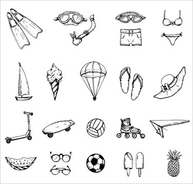 hand drawn vector set of icon on summer theme: beach, sea, bicycle, swimsuit, diving, serfing