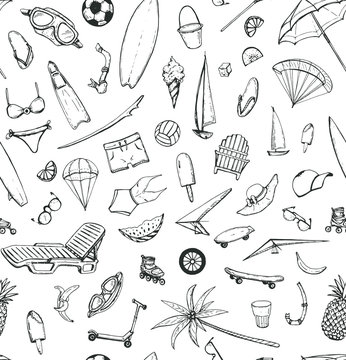 hand drawn vector seamless pattern with summer theme: beach, sea, bicycle, swimsuit, diving, serfing
