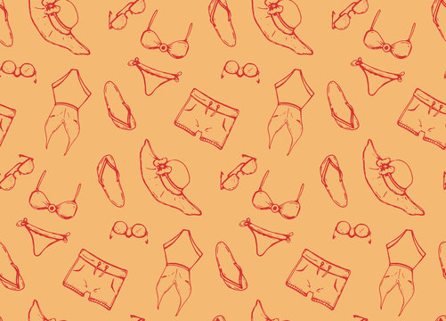 hand drawn vector seamless pattern with summer vetements: shorts, swimsuit, hat, aviators