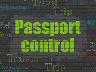 Vacation concept: Passport Control on wall background