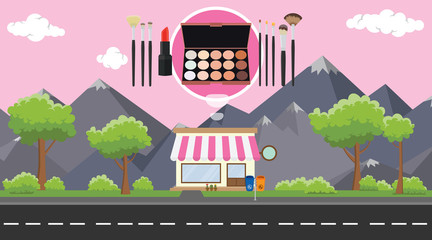 makeup store on sidewalk with tree and mountain as background