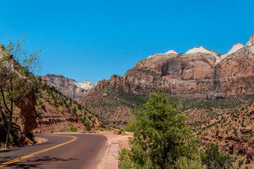 Mountainous terrain and highway. Zion National Park, Utah, United States