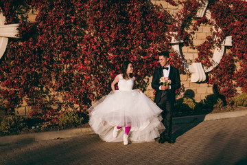 Wedding couple stands near a wall with red leaves