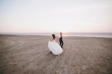 Fototapeta na wymiar Wedding couple walking along the shore of the estuary