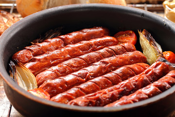 Grilled sausages with sauce ketchup and mustard
