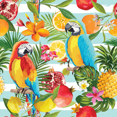 Naklejka premium Seamless Tropical Fruits and Parrot Pattern in Vector. Pomegranate, Lemon, Orange Flowers, Leaves and Fruits Background.
