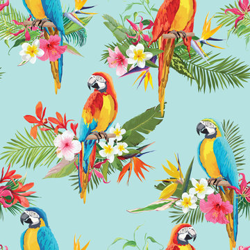 Tropical Flowers and Parrot Birds Seamless Background. Retro Summer Pattern in Vector
