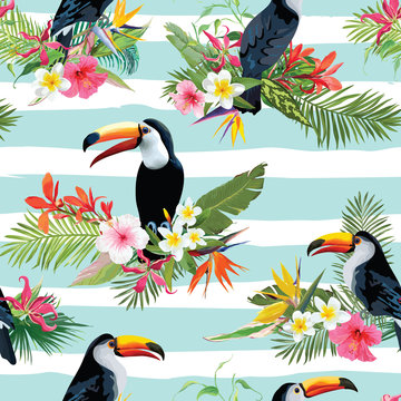 Tropical Flowers and Toucan Birds Seamless Background. Retro Summer Pattern in Vector