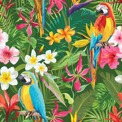 Naklejka premium Tropical Flowers and Parrots Seamless Vector Floral Summer Pattern. For Wallpapers, Backgrounds, Textures, Textile