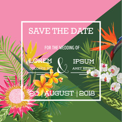 Wedding Card in Tropical Flowers Summer Banner, Exotic Floral Invitation, Save the Date in Vector