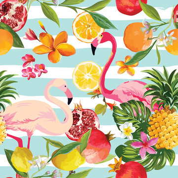 Seamless Tropical Fruits and Flamingo Pattern in Vector. Pomegranate, Lemon, Orange Flowers, Leaves and Fruits Background.